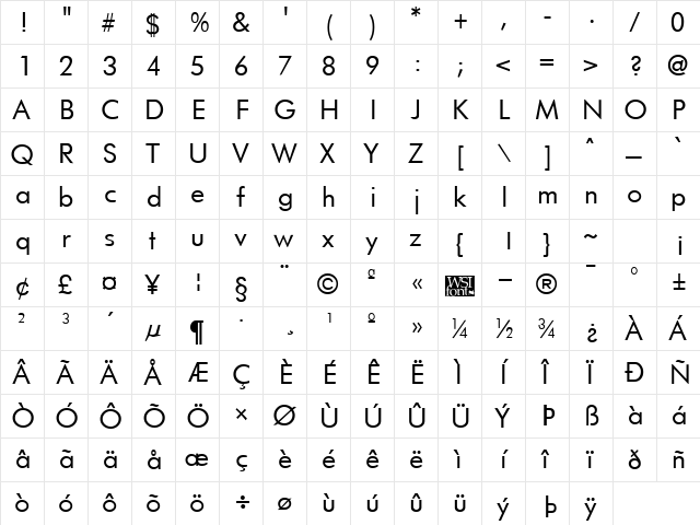 Futurist Regular  glyph index