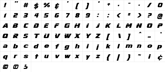 Infinite Justice Regular  glyph index
