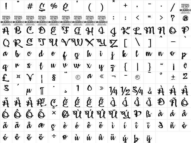 Adielle PERSONAL USE ONLY Regular  glyph index