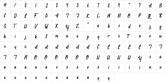 Jackie Regular  glyph index