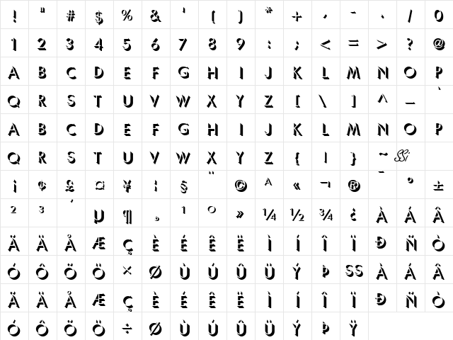 Shadow SSi Regular  glyph index