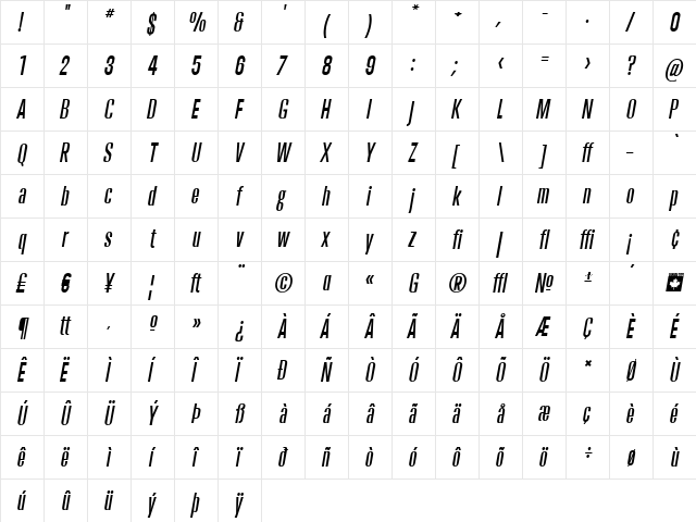 Trump Gothic East Medium Italic  glyph index