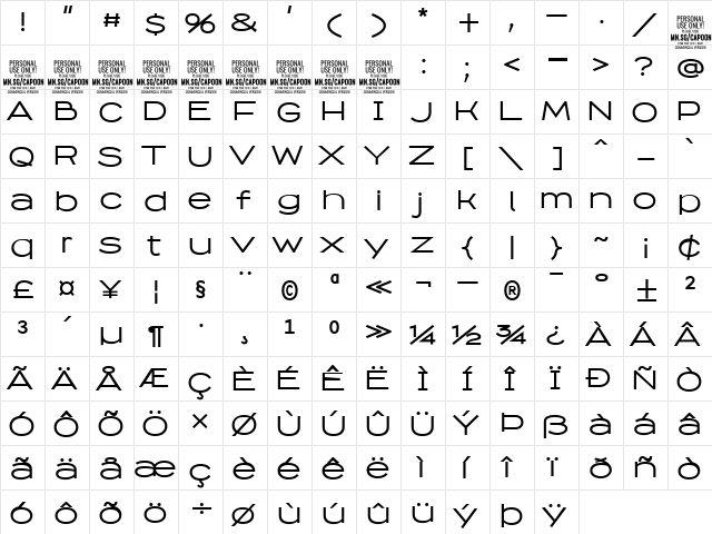 Capoon PERSONAL USE Medium  glyph index