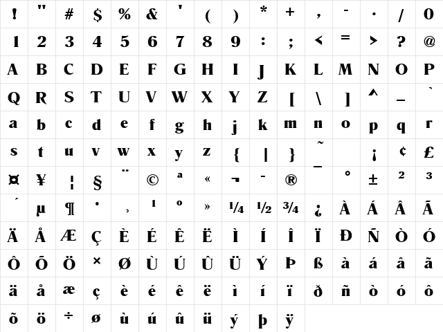 RomanaT Bold  glyph index