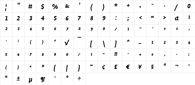 Profile Bold Italic  glyph index