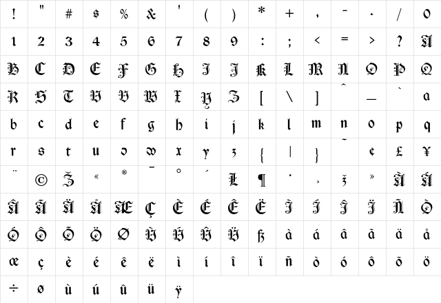 Cimbrian Regular  glyph index