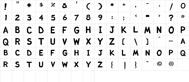 Comicka Regular  glyph index