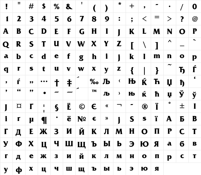 FrizQuadrataC Regular  glyph index