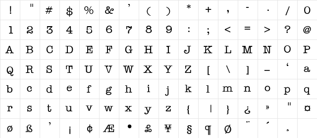 REMMINGTON-THIN Regular  glyph index