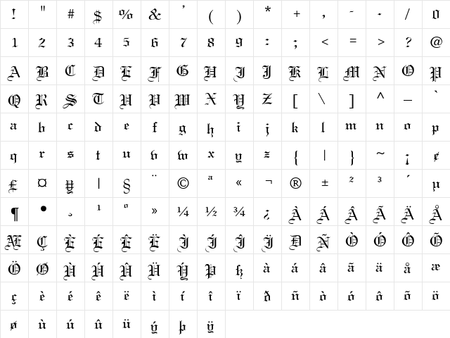 Lincoln Regular  glyph index
