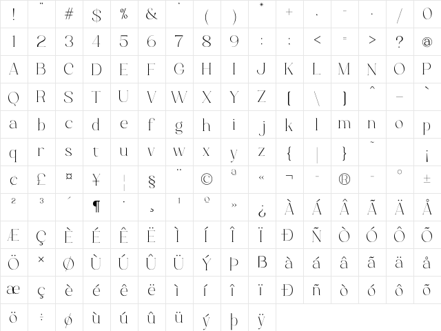 Luimp Light Light  glyph index