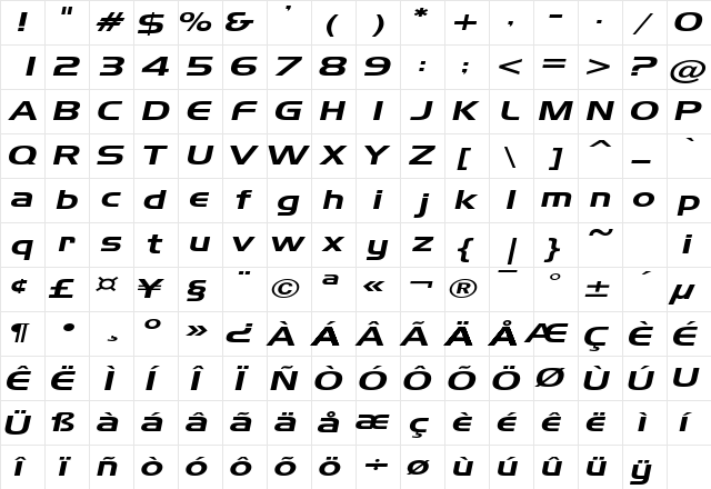 AeroExtended Italic  glyph index