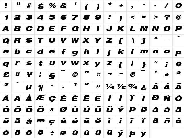 Helvetica93-ExtendedBlack BlackItalic  glyph index