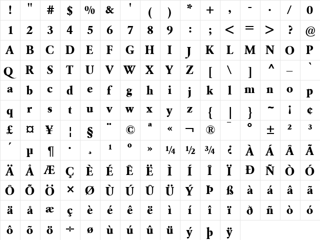 Garamond BE Regular  glyph index