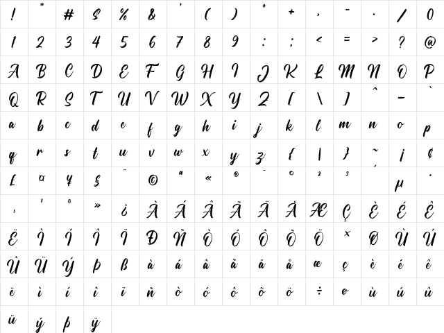 Hallington Regular  glyph index