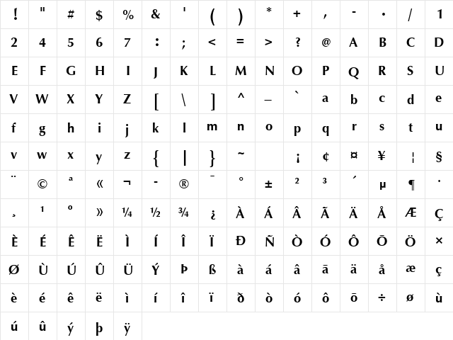 Mitra LT Bold  glyph index