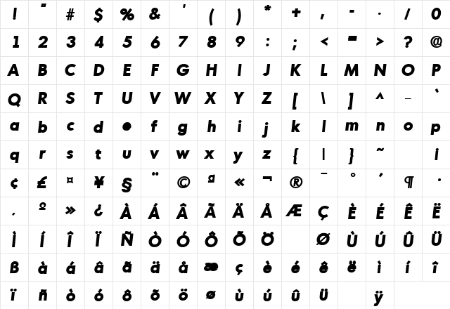 MontrealLH Bold Italic  glyph index