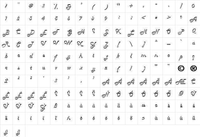 Harlow Regular  glyph index