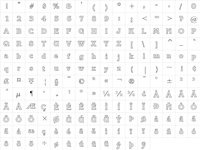 ITC Korinna Bold Outline  glyph index