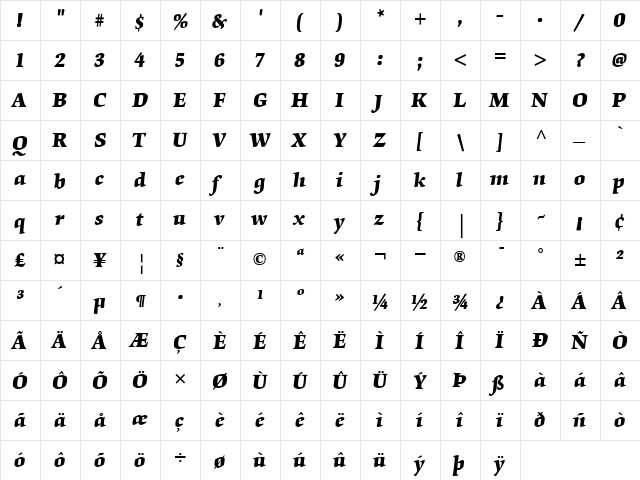 Origami BoldItalic  glyph index