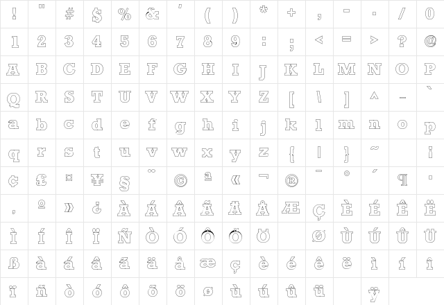 Stamford Outline SF Regular  glyph index
