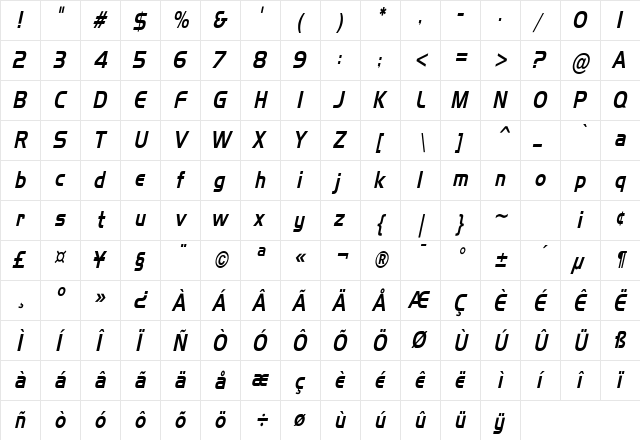 Hanzel Thin Italic  glyph index
