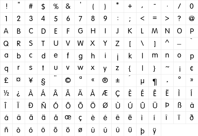 VAGRounded-Light Regular  glyph index