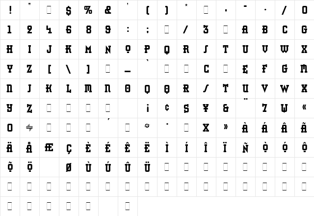 Retro Bold Condensed LET Plain  glyph index