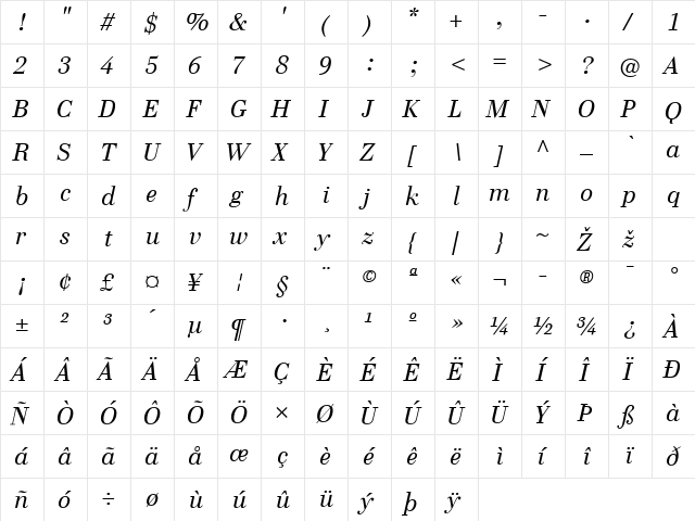 CelliniTF-RegularItalic Regular  glyph index