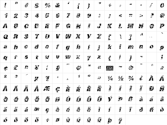 SwissCheese Italic  glyph index