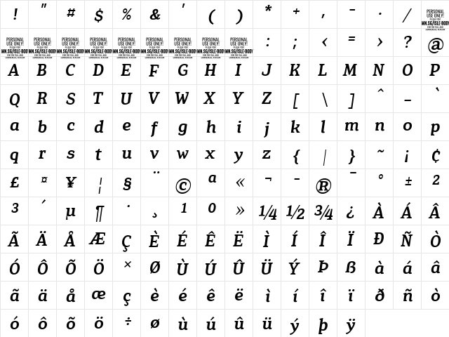 Isle Body PERSONAL USE Medium Italic  glyph index