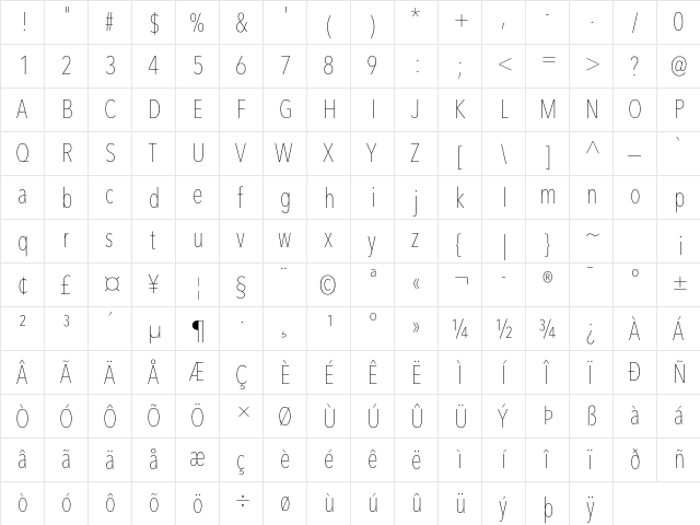 Avenir Next LT Pro Ultra Light Condensed  glyph index