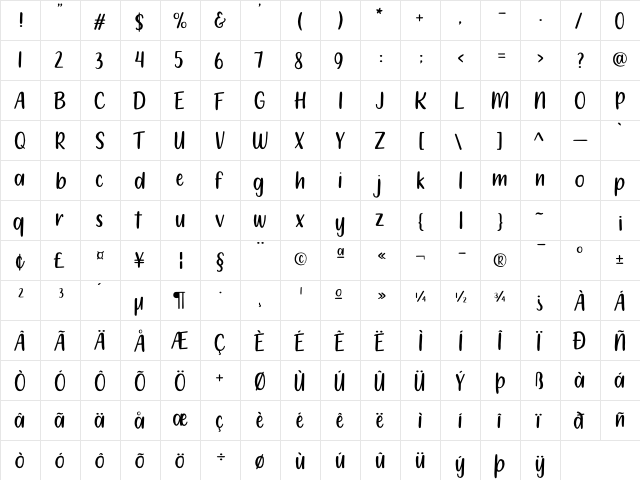 212 Moon Child Sans Regular  glyph index