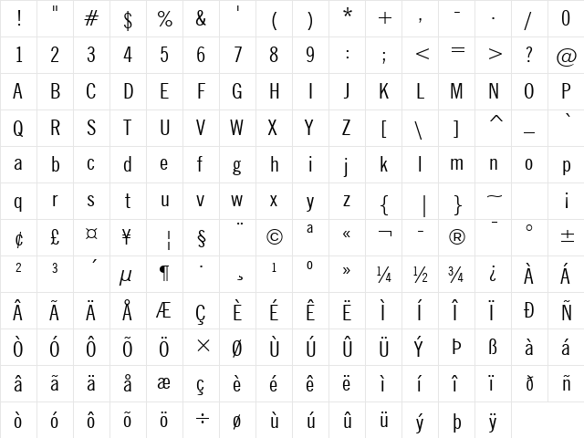 NewsGoth Cn BT Regular  glyph index