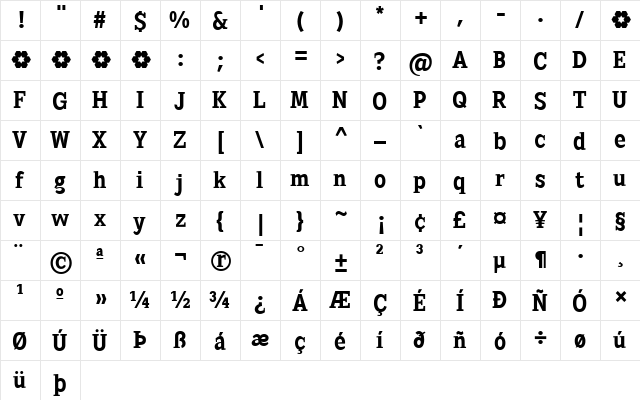 Sextan Bold Regular  glyph index