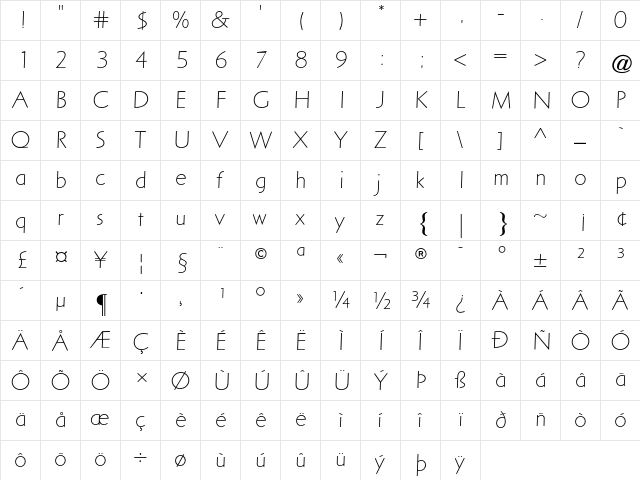 Arta AT Light Regular  glyph index