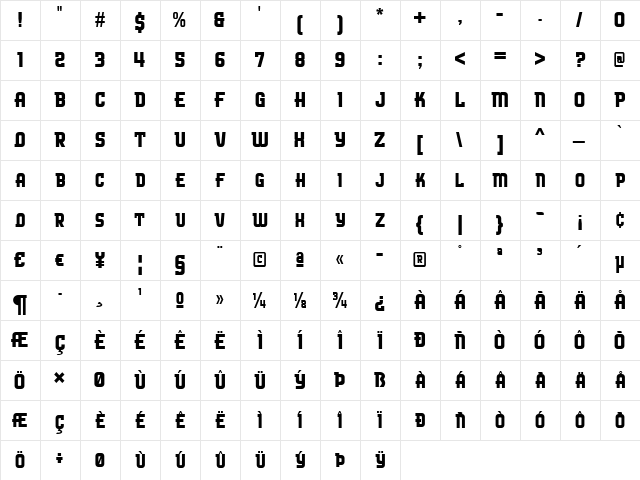 Speedway BV Regular  glyph index