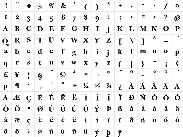 J Baskerville Text Bold  glyph index