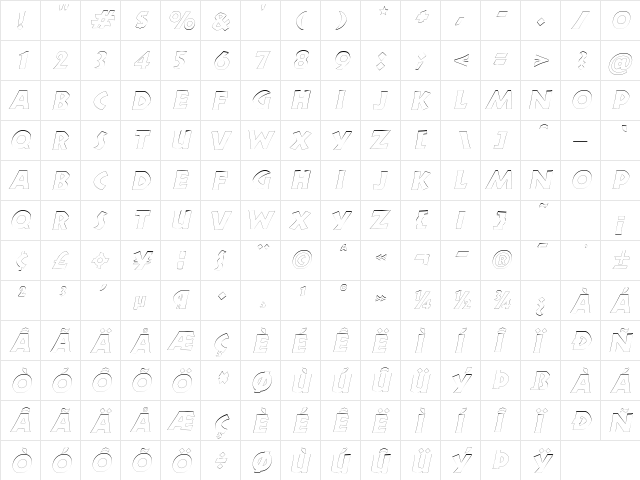 ZorbaOutline Italic  glyph index
