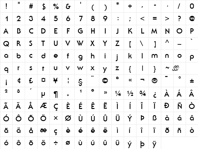 Ubiq Gothic SSi Bold  glyph index