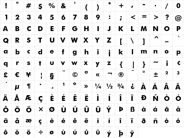 Futura Bold  glyph index