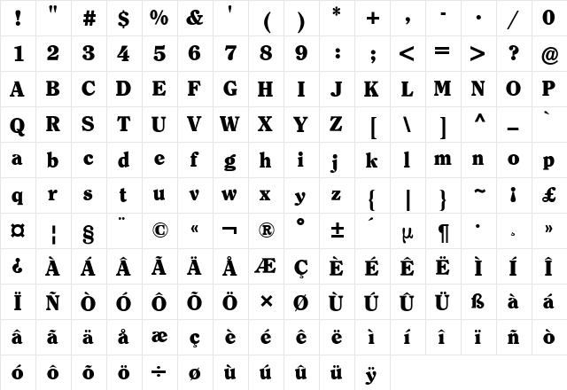 Clearface ITC BQ Regular  glyph index
