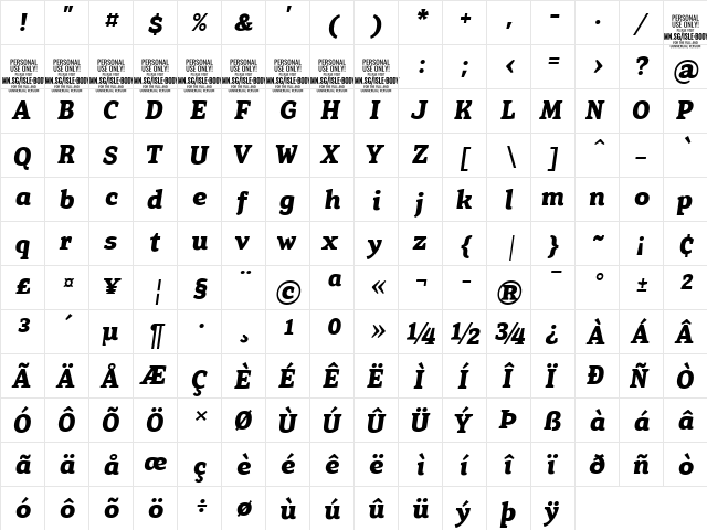 Isle Body PERSONAL USE Bold Italic  glyph index