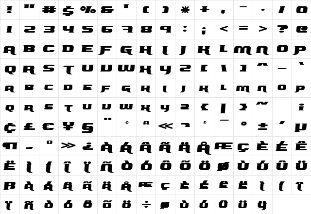 Roadster Special  glyph index