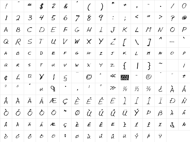 AlexsHand Regular  glyph index