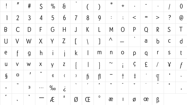 DundeeLightCond Regular  glyph index