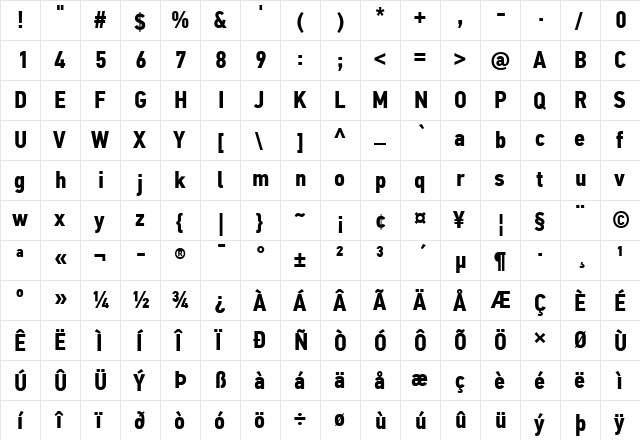 PF Din Text Cond Pro Bold  glyph index