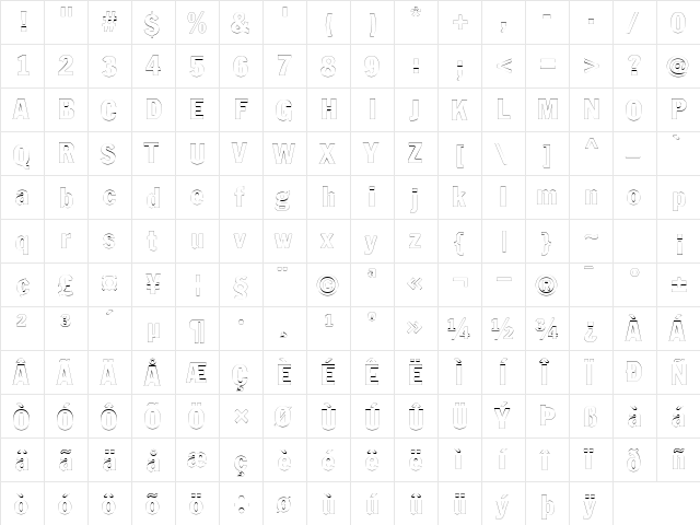 LibraryGothicHeavyOutline Regular  glyph index