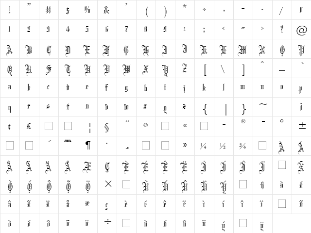 Fiolex Gothic OutLine Regular  glyph index