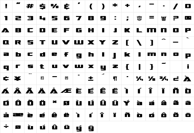 SF TransRobotics Extended Bold  glyph index